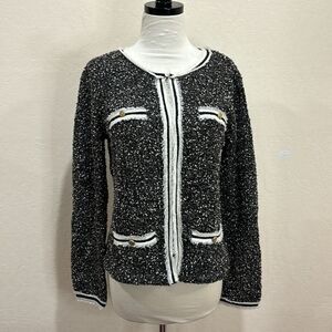 Alice & Olivia Gray & Cream Eyelash Trim Wool Blend Cardigan Sweater ~ M / L